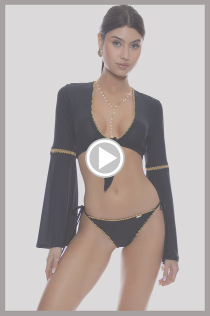 LULI CHIC - Bell Sleeve Crop Top & Seamless Wavy Ruched Back Brazilian Tie Side Bottom • Black