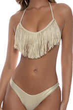 COSITA BUENA - Fringe Scoop Halter Top & High Leg Brazilian Bottom • Gold Rush