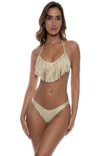 COSITA BUENA - Fringe Scoop Halter Top & High Leg Brazilian Bottom • Gold Rush