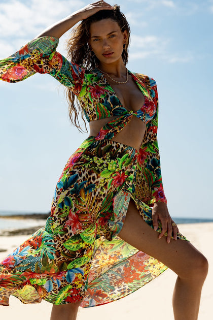 LUSH HORIZONS - Bell Sleeve Crop Top & Ruffled High-lo Slit Skirt • Multicolor