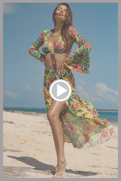 LUSH HORIZONS - Bell Sleeve Crop Top & Ruffled High-lo Slit Skirt • Multicolor