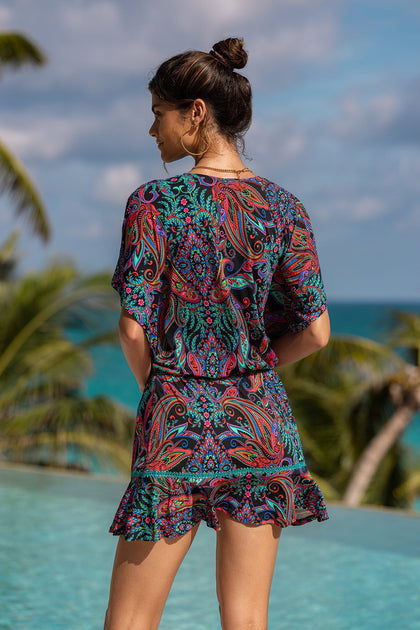 QUE LINDA - Playera V Neck Ruffle Dress • Multicolor