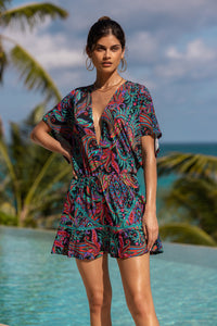 QUE LINDA - Playera V Neck Ruffle Dress • Multicolor