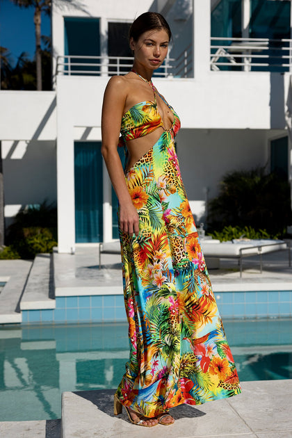 BIRDS OF PARADISE - Bandeau Cut Out Front Slit Dress • Multicolor