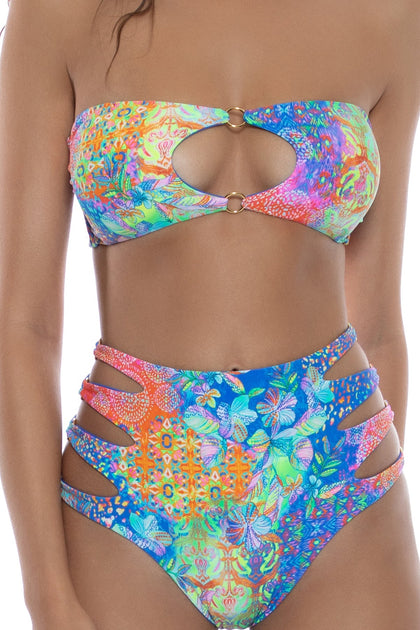 DECO GARDENS - Keyhole Rings Bandeau Top & Side Cut Out Rings High Waisted Bottom • Multicolor