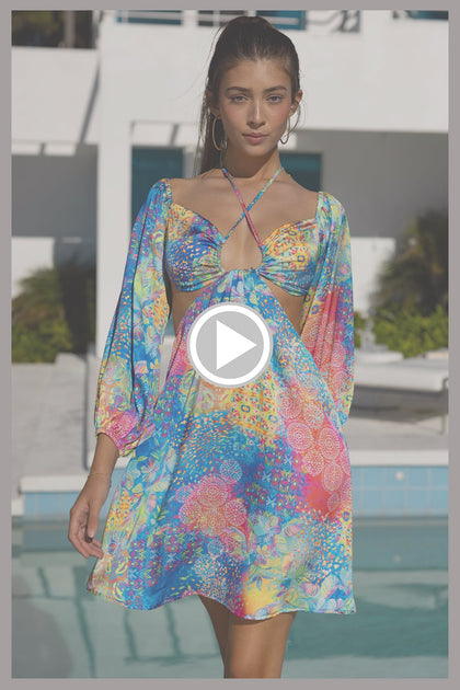 DECO GARDENS - Halter Long Sleeve Cut Out Short Dress • Multicolor