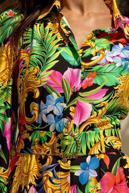 LOVE BY THE SUN - Belted Long Sleeve Shirt Dress • Multicolor