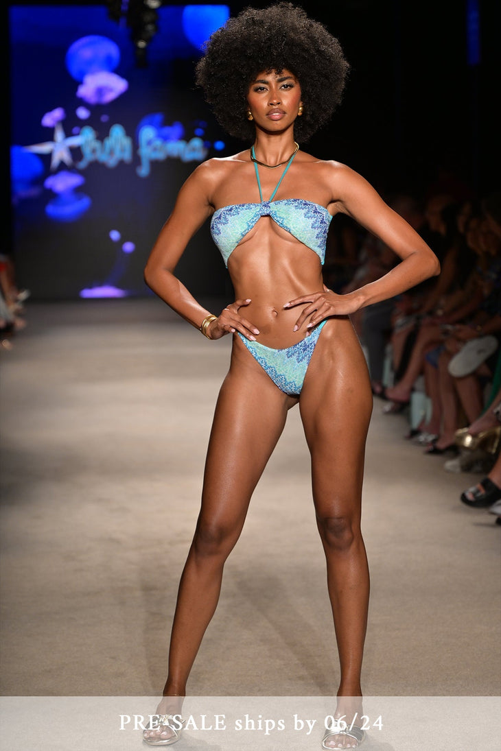 SEVEN SEAS - Knotted Halter Bandeau Top & Brazilian Bottom • Multi Blue Runway