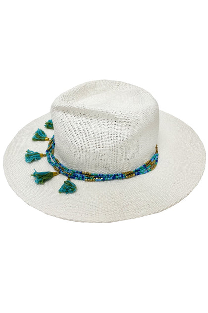 LULI HAT - Beaded Trim Fedora   • White|aqua