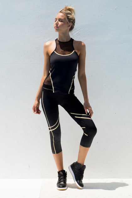 WARRIOR SPIRIT - Tank Top & Mesh Sides Capri Legging • Black Gold