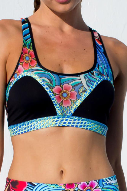 INKED BABE - Crossed Bra Mesh Sporty Bra & Engineered Print Legging • Multicolor