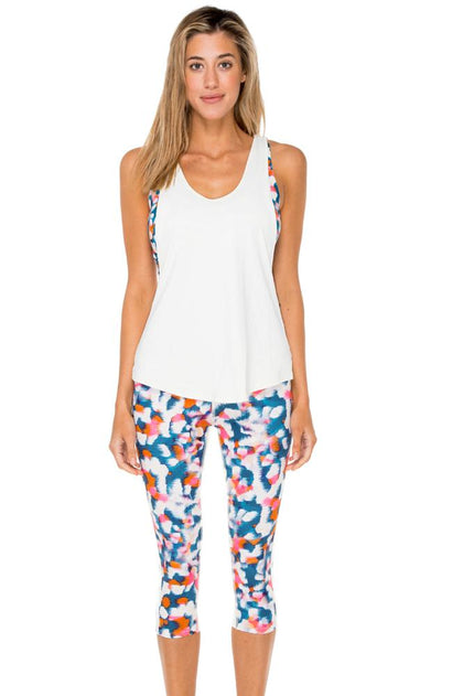 VIA BLANCA - Inner Top Racer Back Overlay Tank & Stripe Panel Inner Thigh Capri Legging • Multicolor
