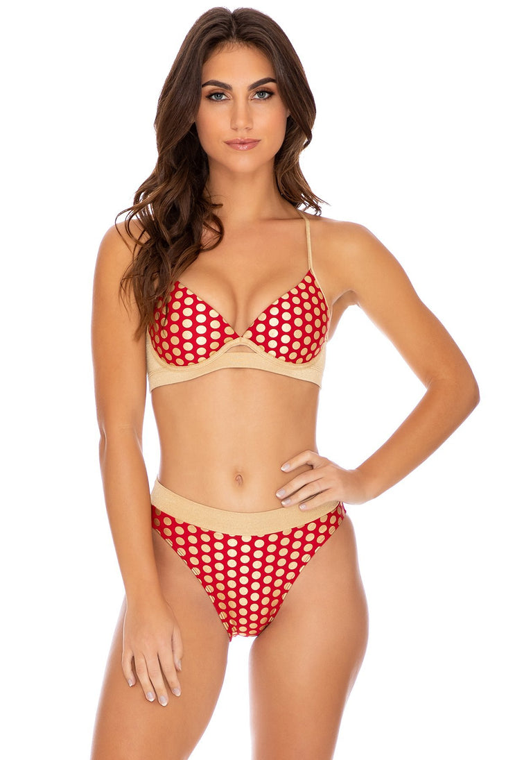 DOTTED DELIGHT - Underwire Top & High Leg Banded Waist Bottom • Ruby Red