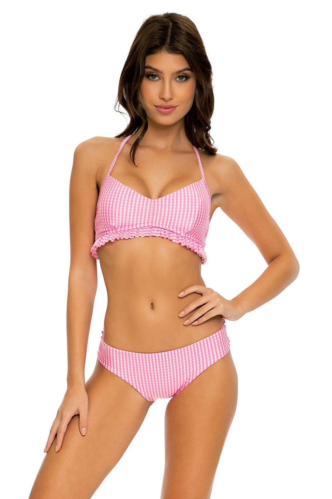 PINK WISHIN - Puckered Ruffle Bralette & Seamless Full Ruched Back Bottom • Pink