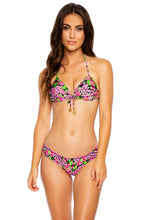 SEXY SEÑORITA - Molded Push Up Bandeau Halter Top & Wavy Ruched Back  Bottom • Pink Black