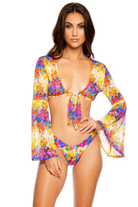 DULCE TORMENTO - Stitched Bell Sleeve Crop Top & High Leg Brazilian Bottom • Multicolor