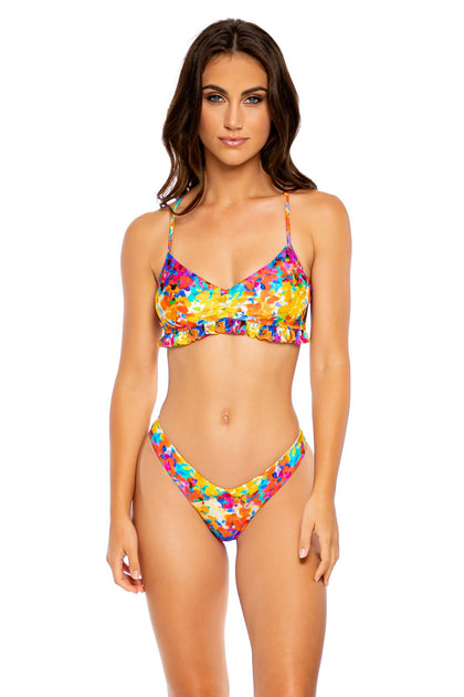 DULCE TORMENTO - Puckered Ruffle Bralette & Tab Side High Leg Thong Bottom • Multicolor
