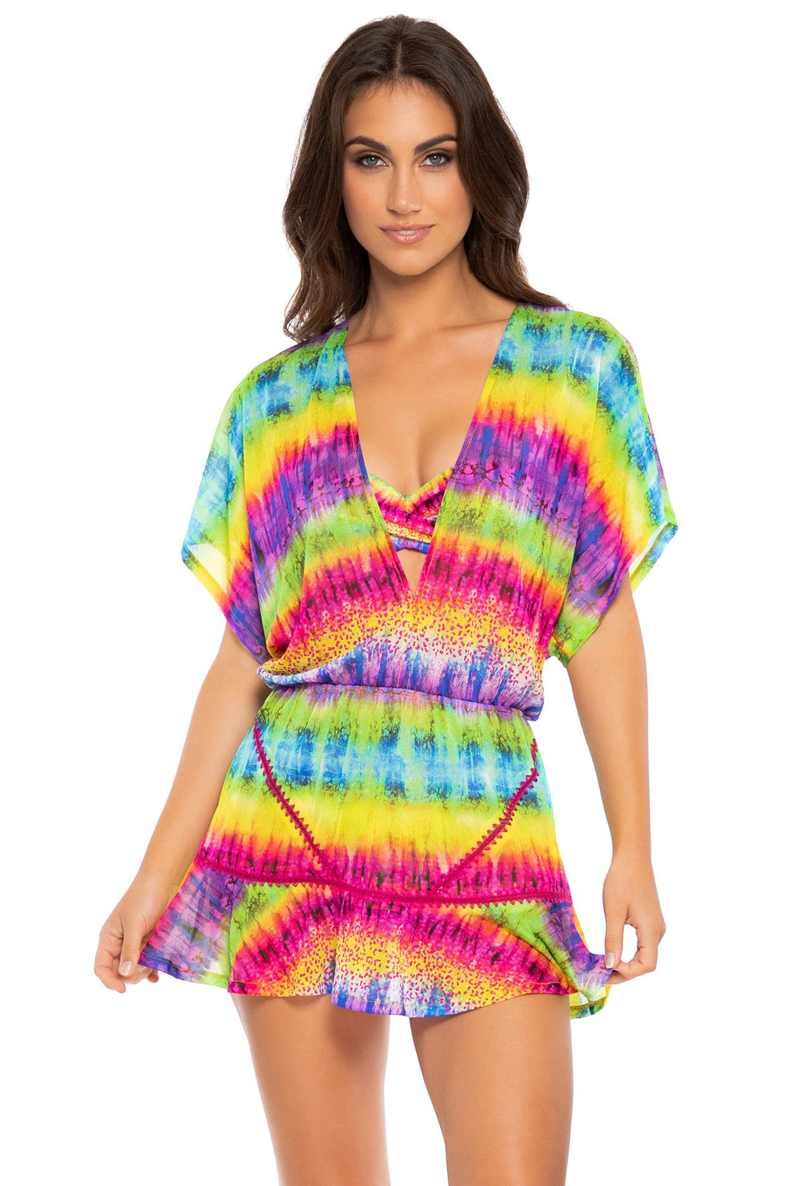 AFTERGLOW - Playera Stitched V-neck Ruffle Dress • Multicolor