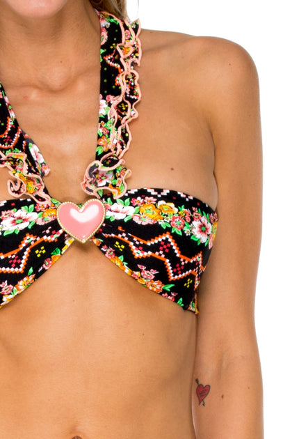 SWEET NIGHTS - Crystallized Ruffled Heart Bandeau Top & Tie Side Bottom • Multicolor