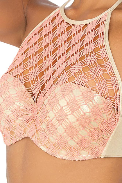 DIAMANTES DE CORAL - Crochet Sheer Front Underwire Push Up & Multi Braid Brazilian Ruched Back Bottom • Beachy Coral