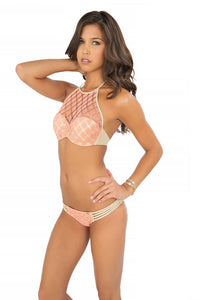 DIAMANTES DE CORAL - Crochet Sheer Front Underwire Push Up & Multi Braid Brazilian Ruched Back Bottom • Beachy Coral