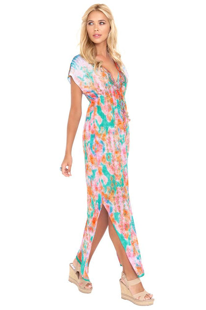 BOHO CHIC - Cap Sleeve Long Caftan • Multicolor