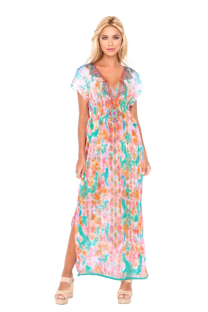 BOHO CHIC - Cap Sleeve Long Caftan • Multicolor