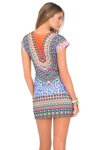 LIL GEM - Lace Up Short Sleeve Bodycon Dress • Multicolor