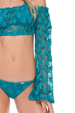 COSITA BUENA - Off The Shoulder Crochet Top & Wavey Ruched Back Brazilian Tie Side Bottom • Exuma