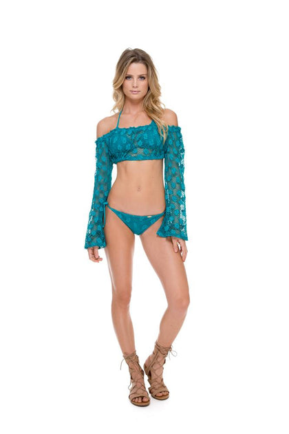 COSITA BUENA - Off The Shoulder Crochet Top & Wavey Ruched Back Brazilian Tie Side Bottom • Exuma