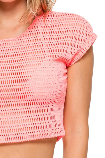 TAKE ME TO PARADISE - Cap Sleeve Crop Top & Wavey Ruched Back Brazilian Tie Side Bottom • Coral