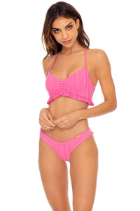 BACHELORETTE AND HER BABES - Puckered Ruffle Bralette & Tab Side High Leg Thong Bottom • Party Pink