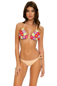 PRETTY THINGS - Flower Accent Triangle Top & Flower Detail Wavey Ruched Back Full Tie Side Bottom • Nude