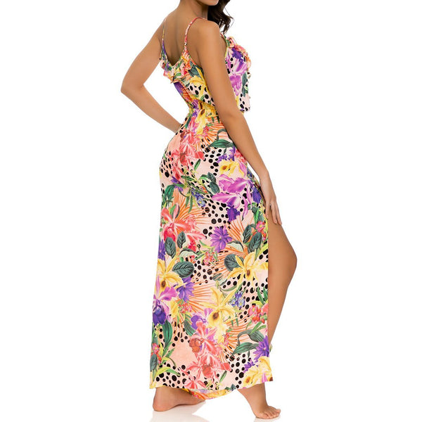 SHOCKING FLORALS - Spaghetti Strap Ruffle Long Dress