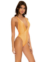 REBEL GLAM - Deep V Crossed Back One Piece • Disco Gold Runway