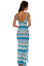 SKY WAVES - Gold Trim V- Long Dress • Aqua