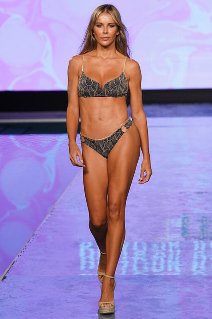 DREAMWEAVER - V Splice Bralette & Wavy Ruched Back  Bottom • Navy  Gold Runway