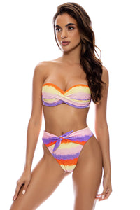 MIAMI SUNSETS - Underwire Push Up Bandeau Top & High Leg Tie Front Ruched Back Bottom • Multicolor