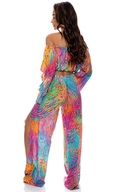 WILD WATERS - Off The Shoulder Ruffle Crop Top & Split Side Wide Leg Pant • Multicolor