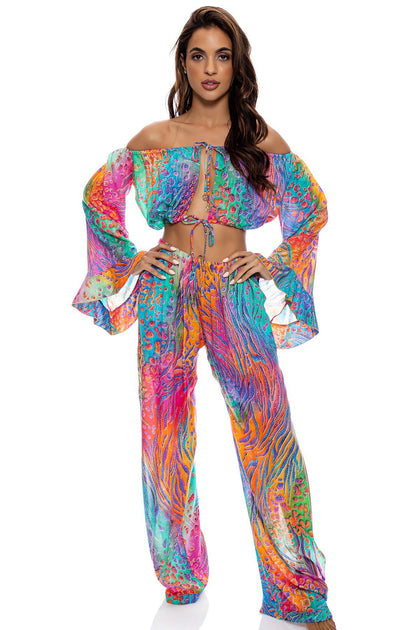 WILD WATERS - Off The Shoulder Ruffle Crop Top & Split Side Wide Leg Pant • Multicolor