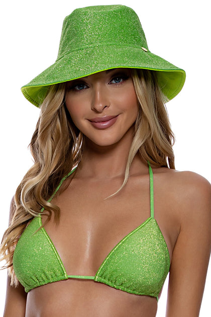 STARDUST - Wide Brim Bucket Hat & Stitch Ruched Back Brazilian Tie Side Bottom • Lime
