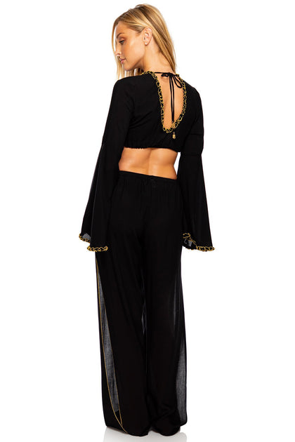 NIGHT DREAMER - Bell Sleeve Crop Top & Split Side Wide Leg Pant • Black
