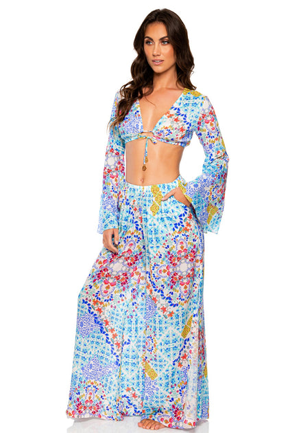 AY QUE CUTE! - Bell Sleeve Crop Top & Open Sides Wide Leg Pant • Multicolor