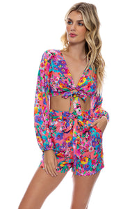 WATER BLOSSOMS - Tie Front Crop Top & Tie Waist Bermuda Shorts • Electric Coral