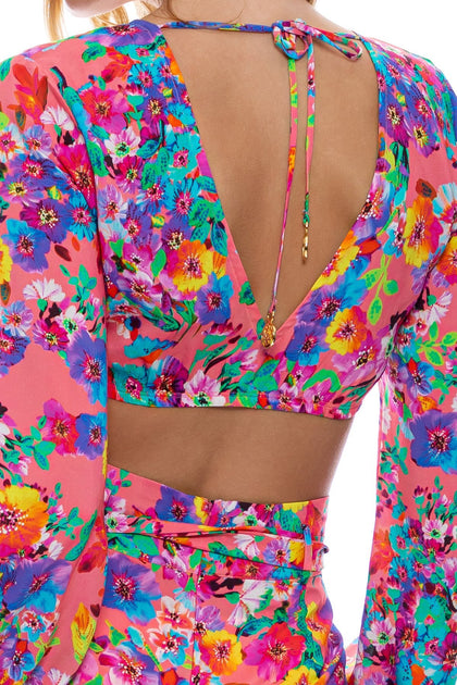 WATER BLOSSOMS - Tie Front Crop Top & High Leg Brazilian Bottom • Electric Coral Campaign