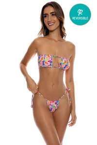 WATER BLOSSOMS - Multiway Scrunched Cup Bandeau & Seamless String Brazilian Tie Side Bottom • Electric Coral