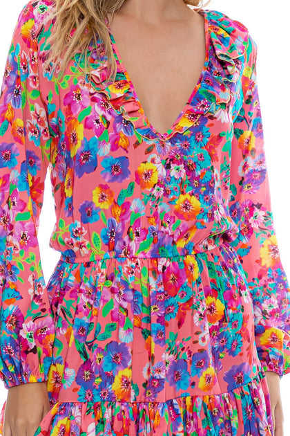 WATER BLOSSOMS - Ruffled Deep V Frill Hem Dress • Electric Coral