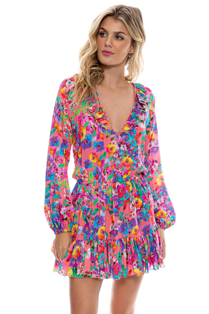 WATER BLOSSOMS - Ruffled Deep V Frill Hem Dress • Electric Coral