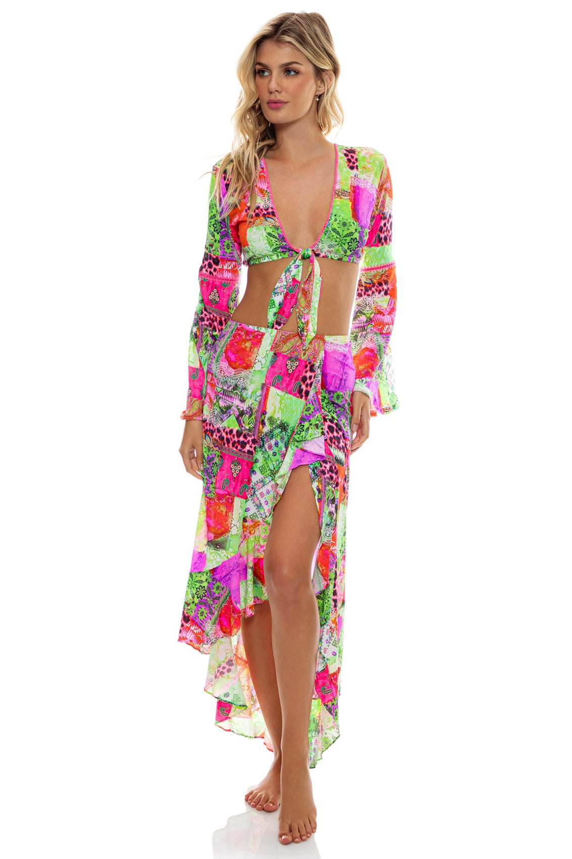 FIERCE SOUL - Bell Sleeve Crop Top & Ruffle High Lo Slit Skirt • Multicolor