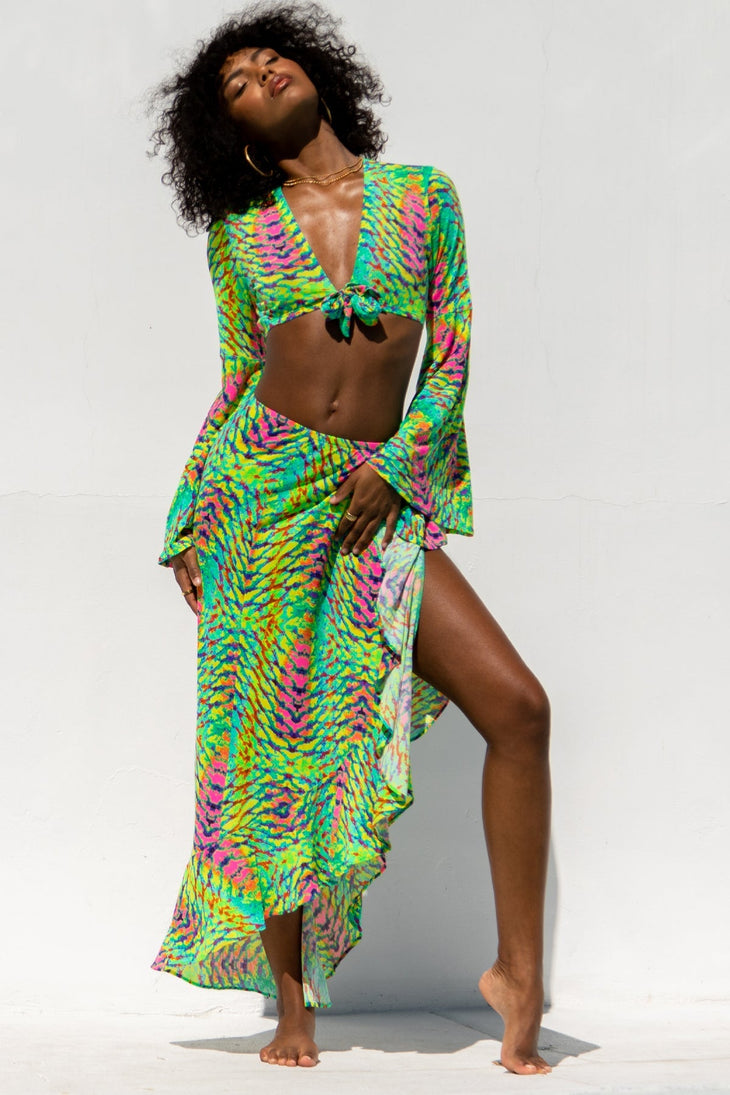 OASIS BABE - Bell Sleeve Crop Top & Ruffle High Lo Slit Skirt • Multi Green Digital Presentation